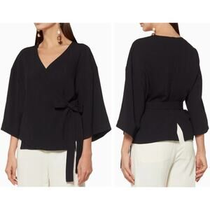 NWT Theory Black Long-Sleeve Wrap V-neck Blouse Top (L)